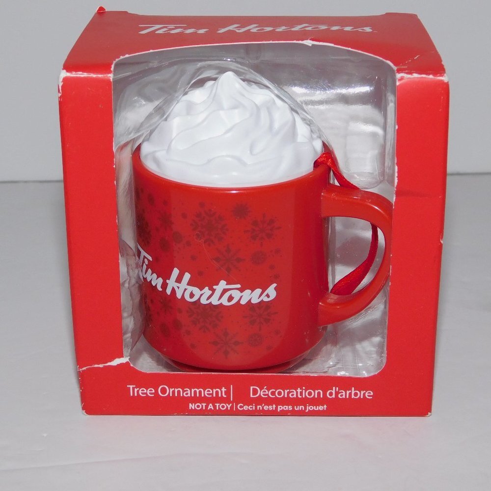 2021 Tim Hortons Coffee Mug Christmas Tree Ornament Snowflakes Whipped Cream Red